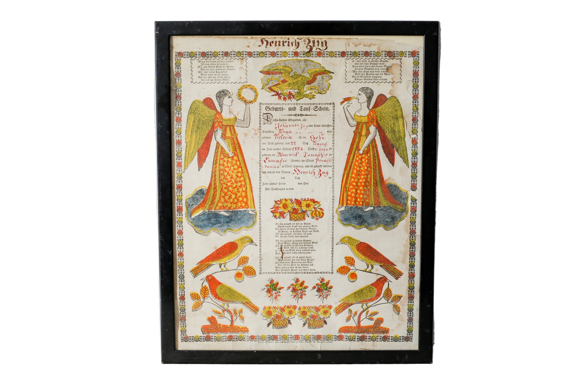 Decorative print with angelic figures and birds in a black frame against a textured white wall.