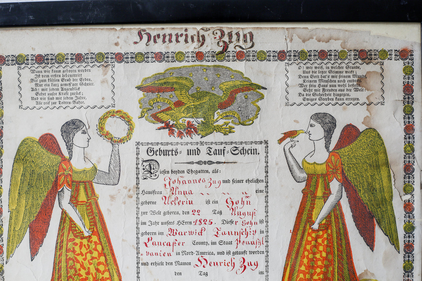 1825 Pennsylvania Dutch Fraktur Folk Art Birth Certificate