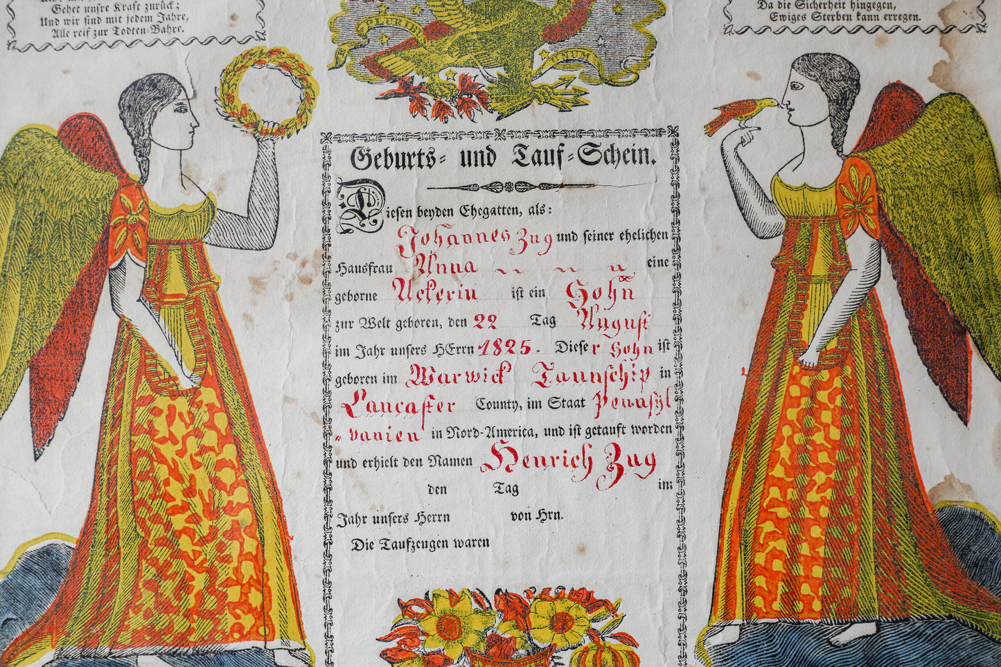 1825 Pennsylvania Dutch Fraktur Folk Art Birth Certificate