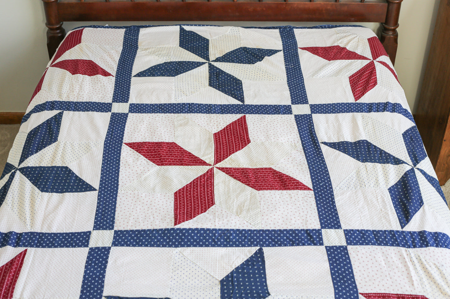 Red White & Blue Lemoyne Star Quilt TOP, c1900