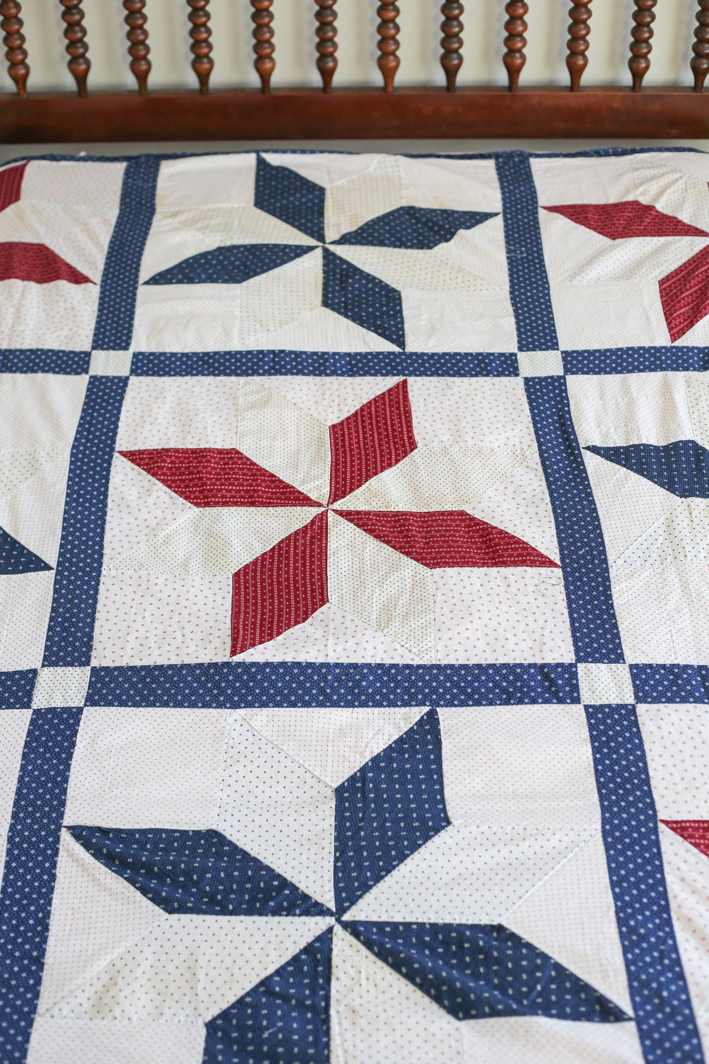 Red White & Blue Lemoyne Star Quilt TOP, c1900