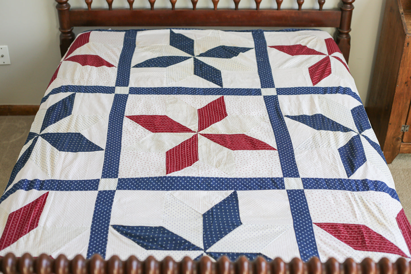 Red White & Blue Lemoyne Star Quilt TOP, c1900