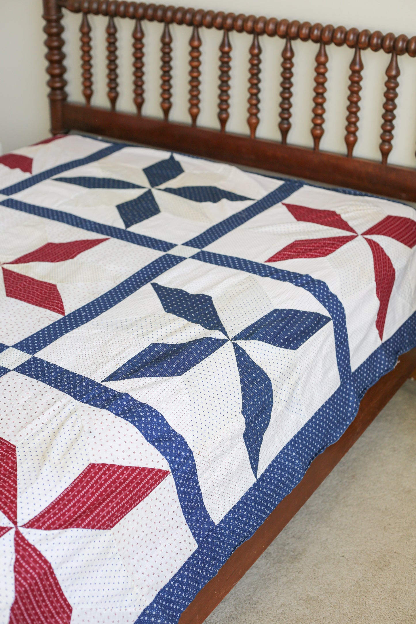 Red White & Blue Lemoyne Star Quilt TOP, c1900