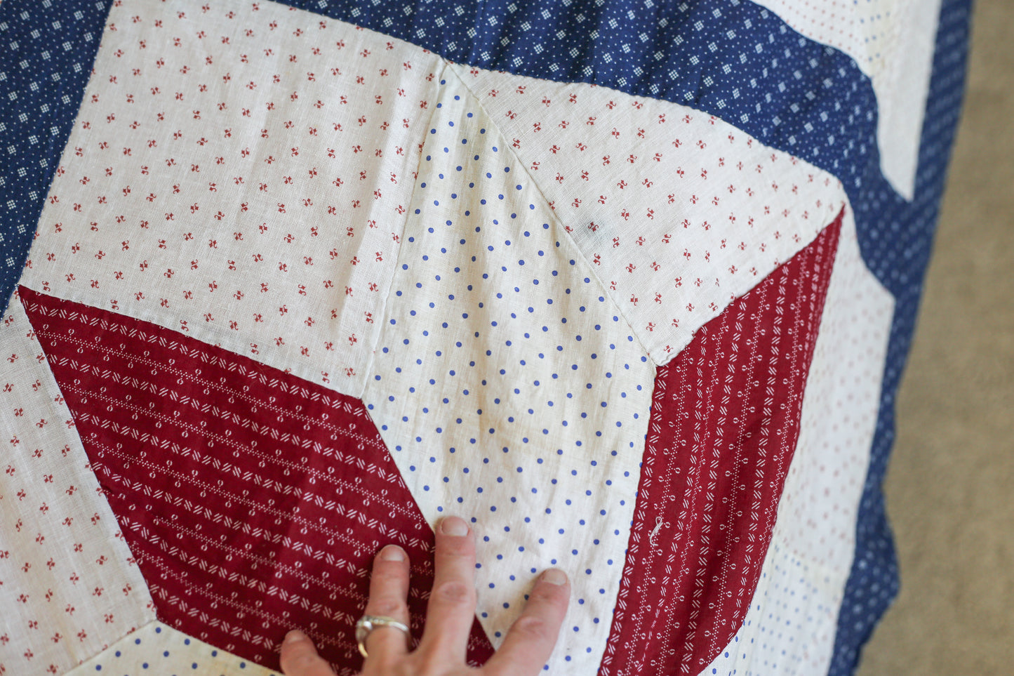 Red White & Blue Lemoyne Star Quilt TOP, c1900