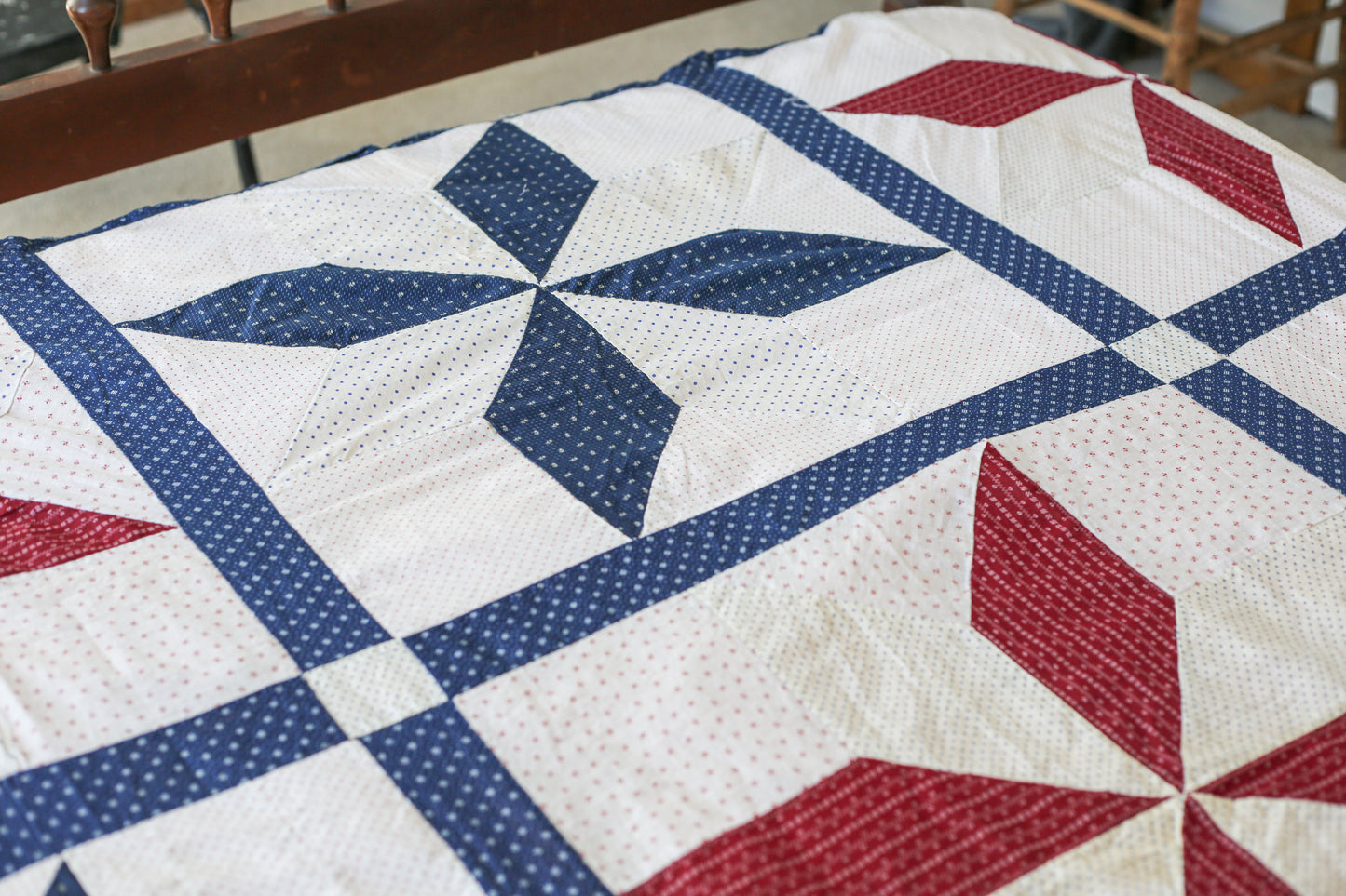 Red White & Blue Lemoyne Star Quilt TOP, c1900