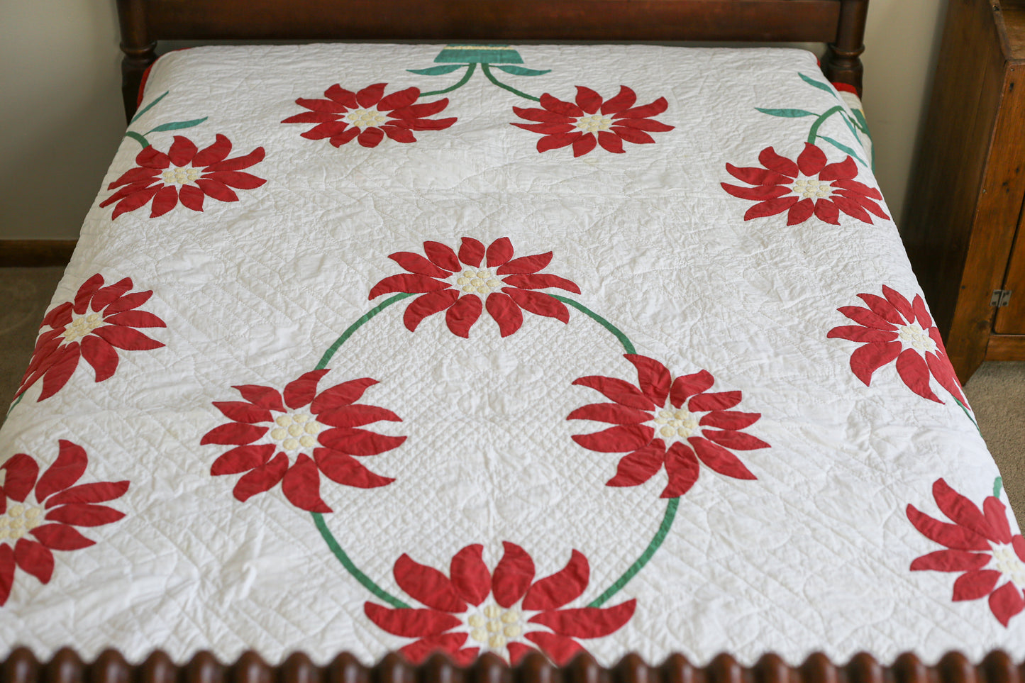 Red and Green Floral Applique Quilt, c1950