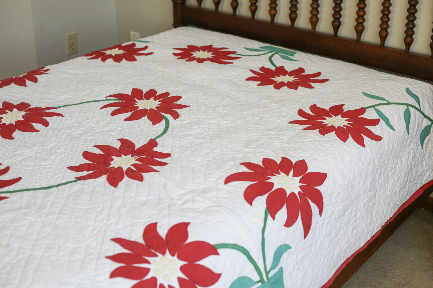 Red and Green Floral Applique Quilt, c1950