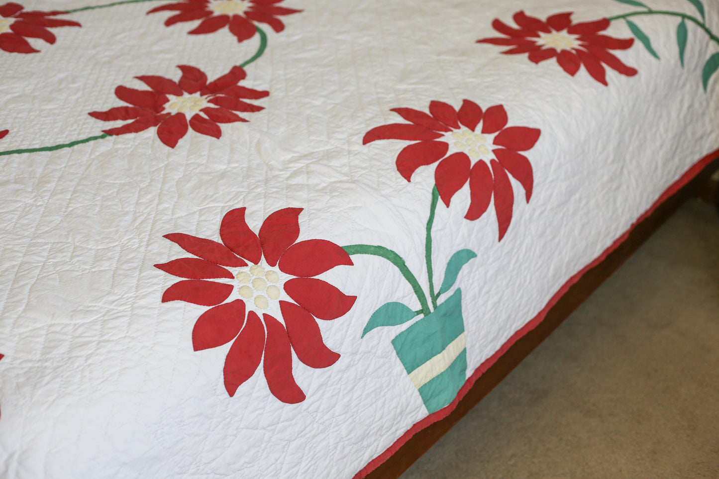 Red and Green Floral Applique Quilt, c1950