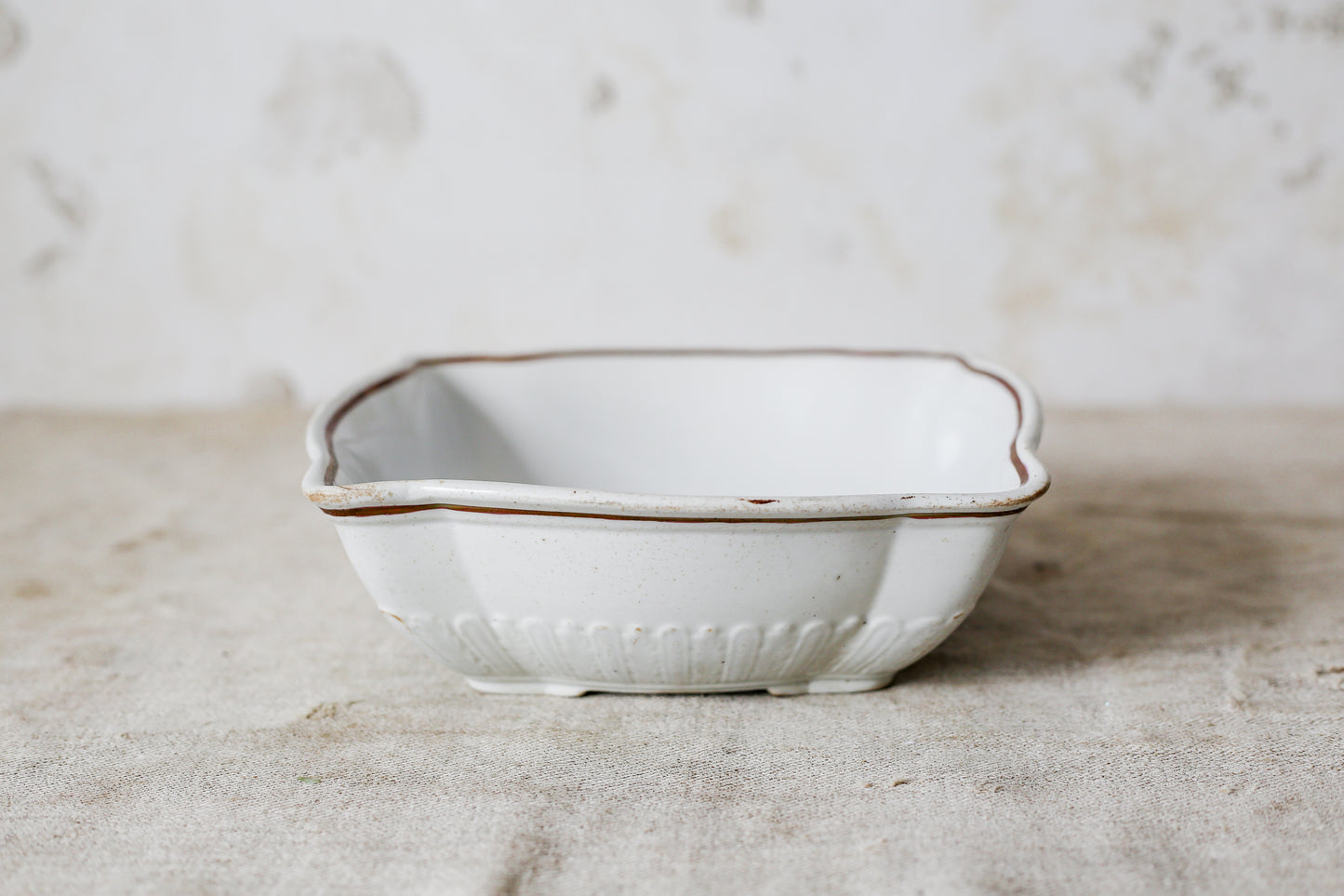 Scalloped Square Feathered Ironstone Dish with Copper Tea Leaf Decoration, c1890