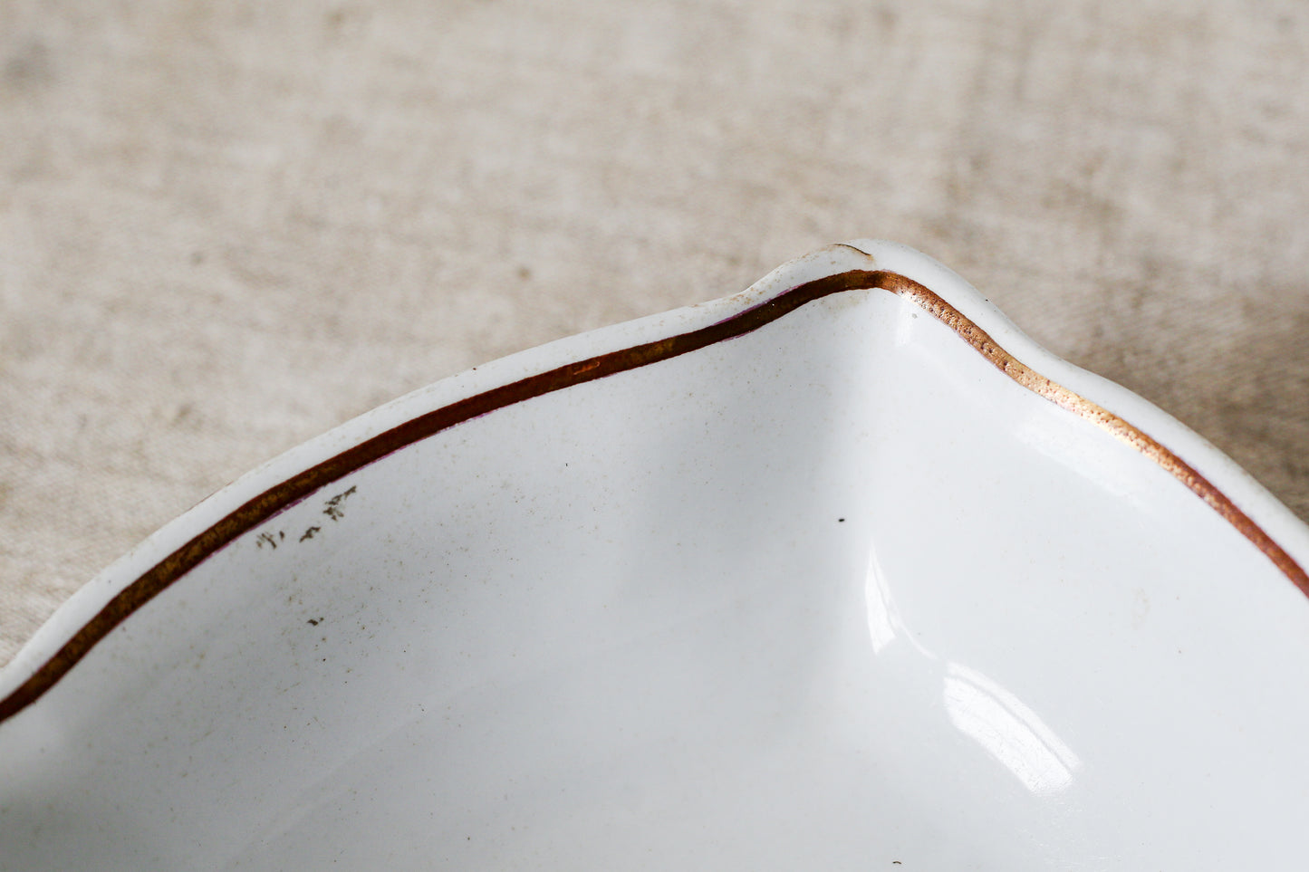 Scalloped Square Feathered Ironstone Dish with Copper Tea Leaf Decoration, c1890