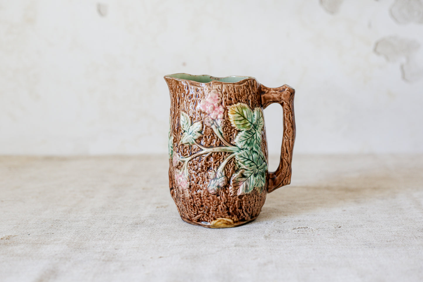 Antique Bramble & Bark Floral Majolica Jug, c1880