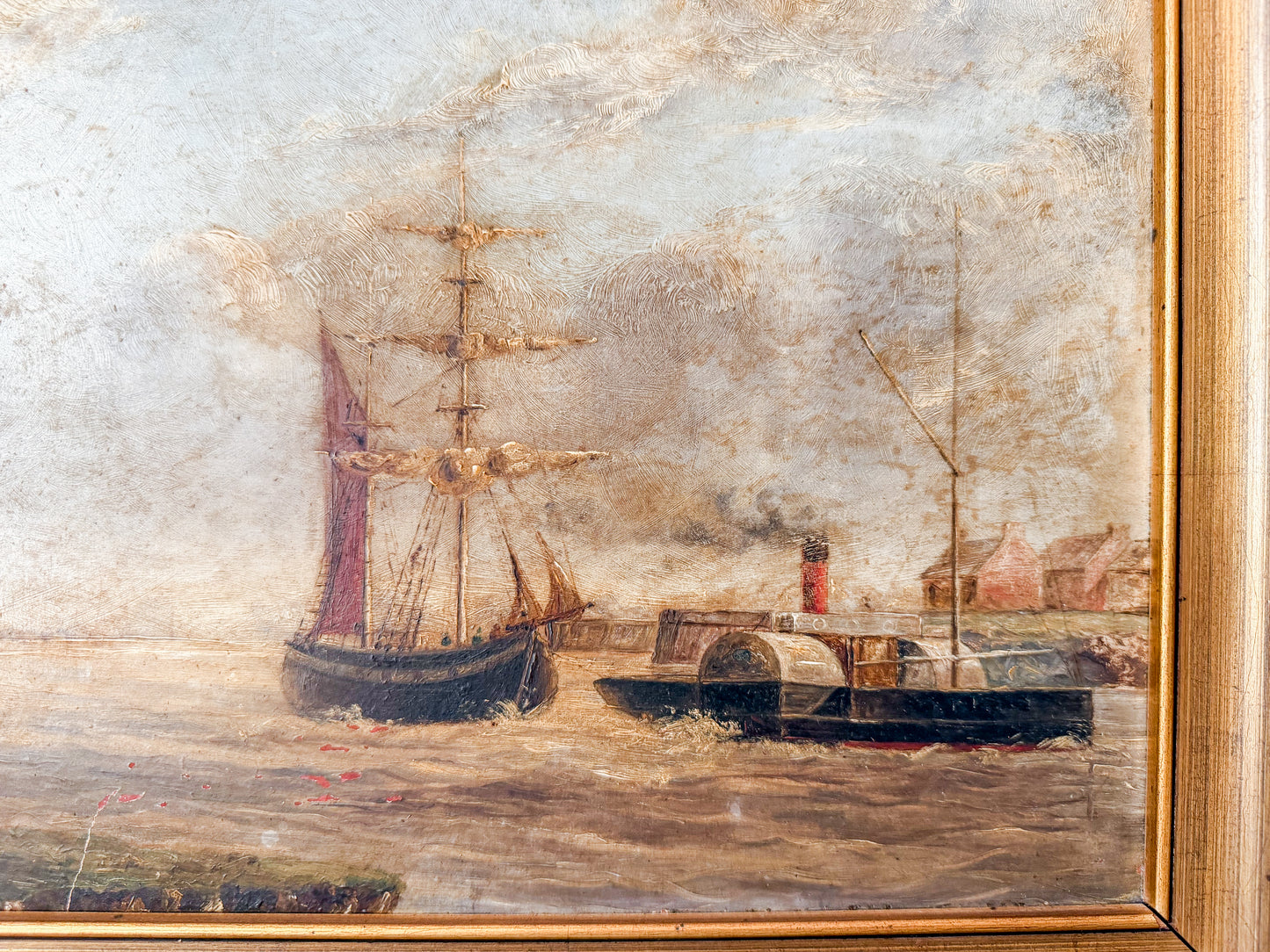 Antique Oil Painting of British Maritime Scene in Gilt Wood Frame, c1880
