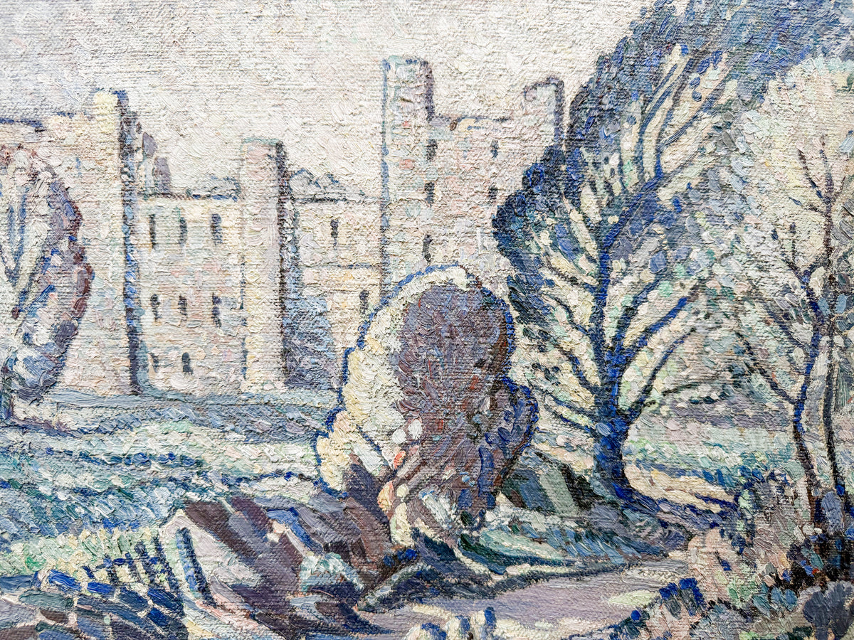 Early 20th-Century Post-Impressionist Landscape Oil Painting in Custom Black and Linen Frame