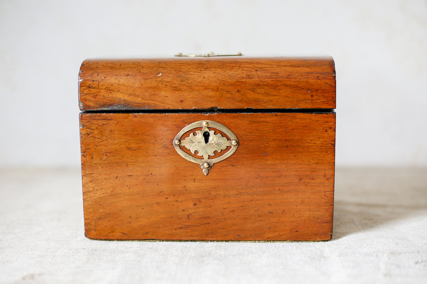 Antique Dome Top Walnut Tea Caddy with Brass Decoration, c1860