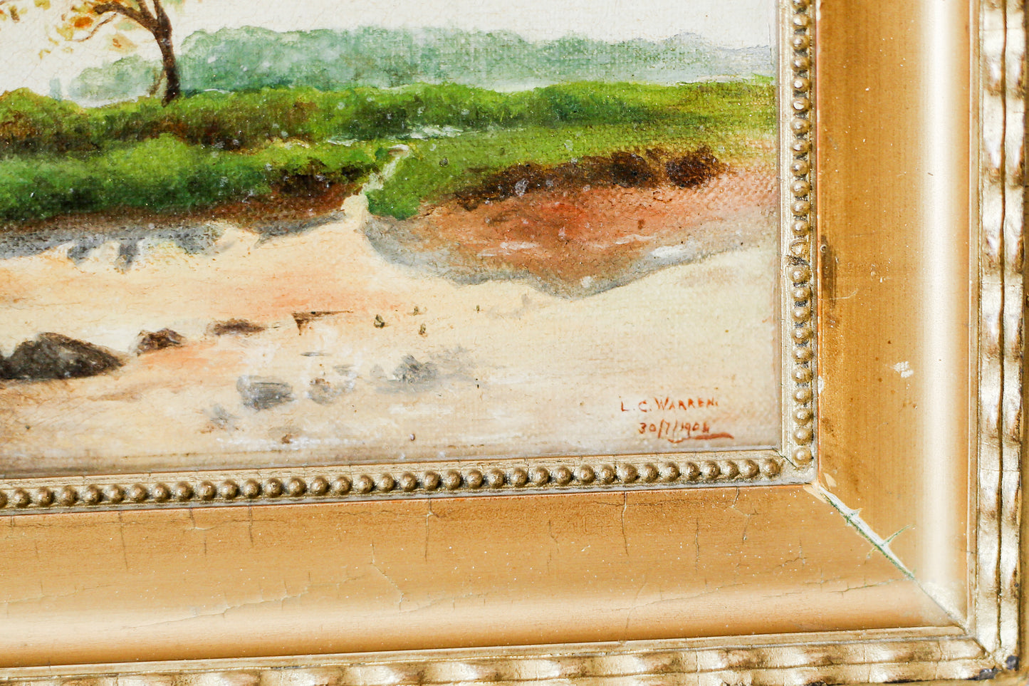 Antique 1904 Landscape Oil Painting on Canvas, Signed L.C. Warren, in Gilt Frame