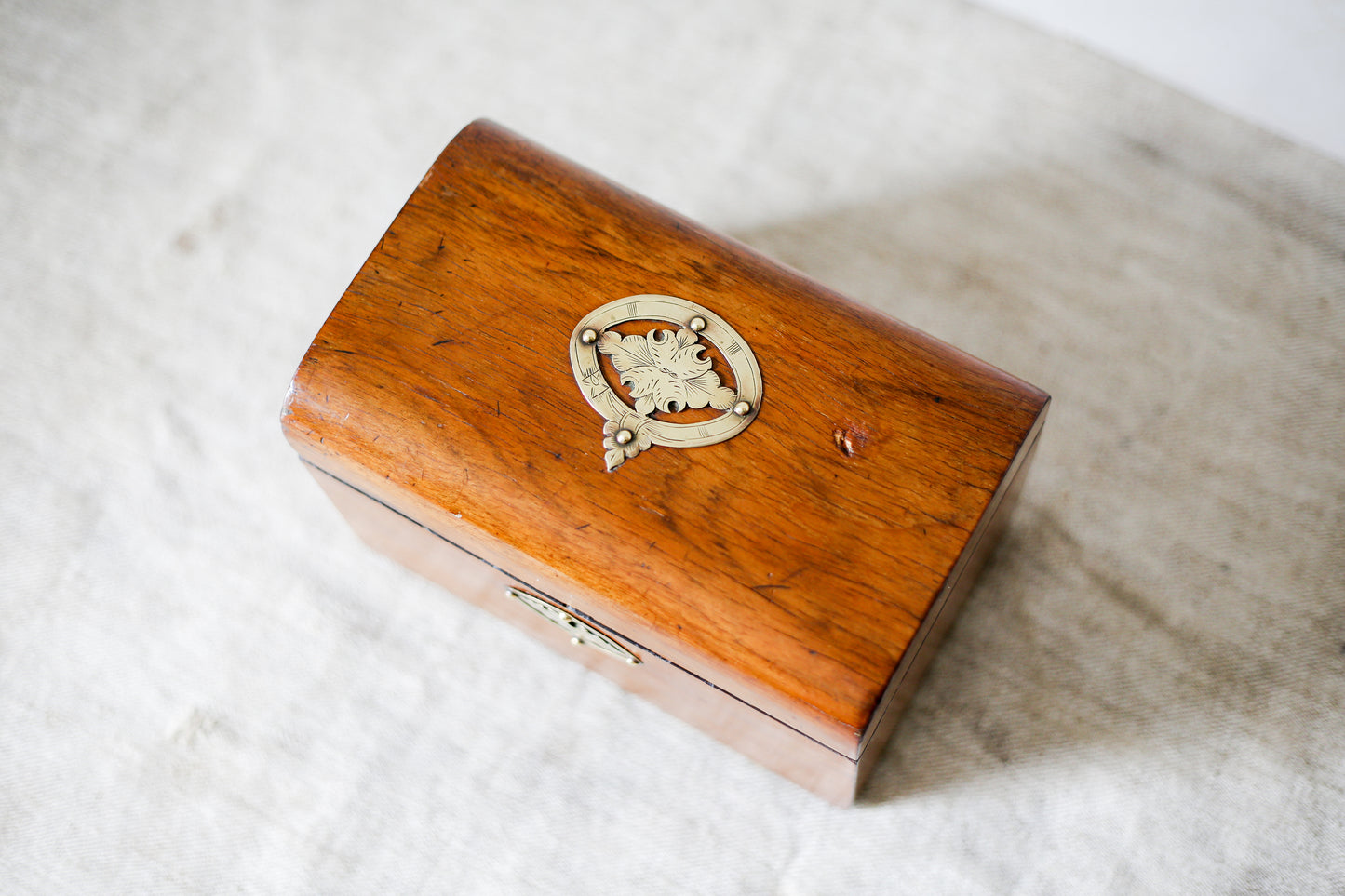Antique Dome Top Walnut Tea Caddy with Brass Decoration, c1860