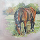 Original Painting of Bay Horse in Field, Attributed to Glynis Mills, in Custom Gold Frame