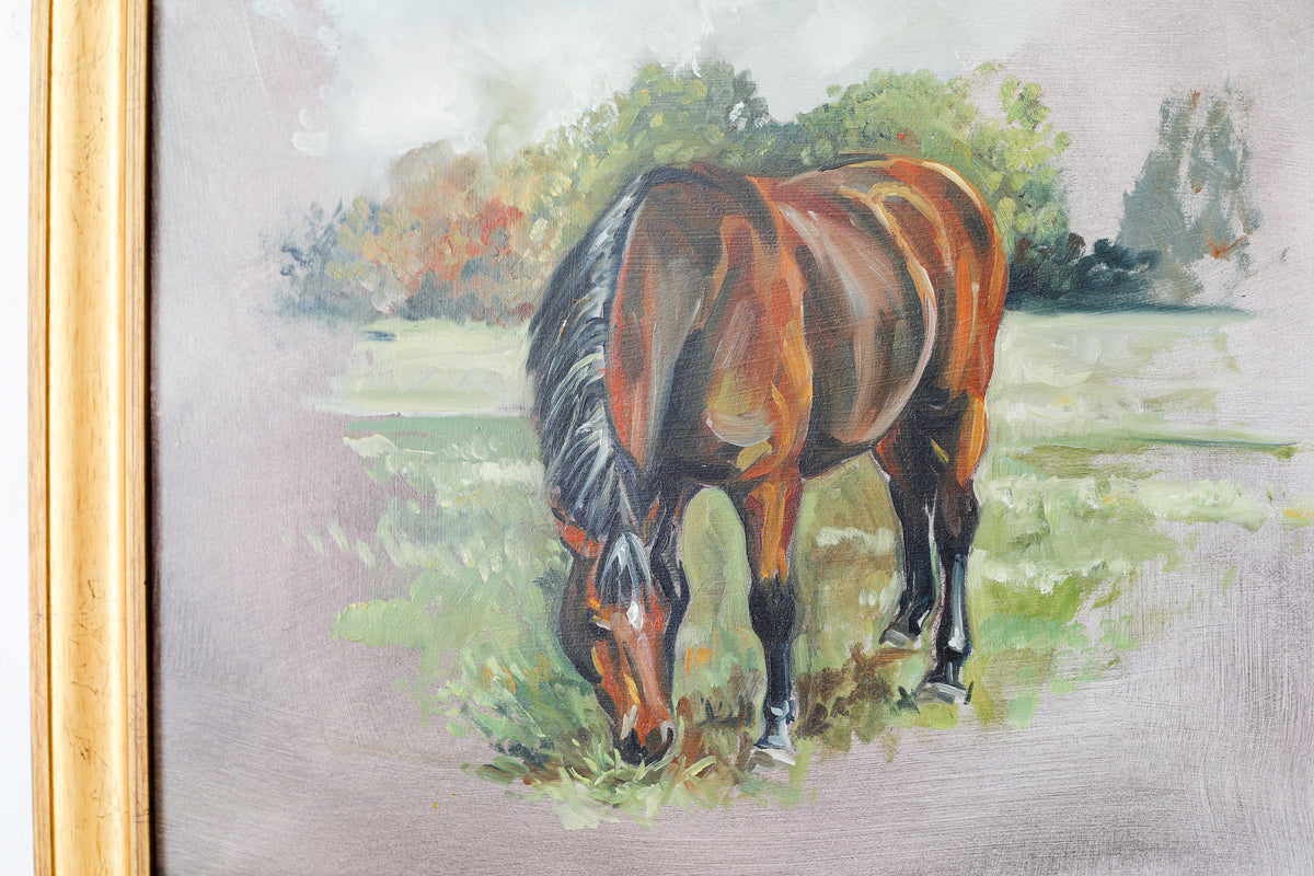 Original Painting of Bay Horse in Field, Attributed to Glynis Mills, in Custom Gold Frame
