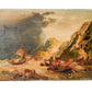 Vintage painting of a coastal scene with boats and cliffs on a textured white surface