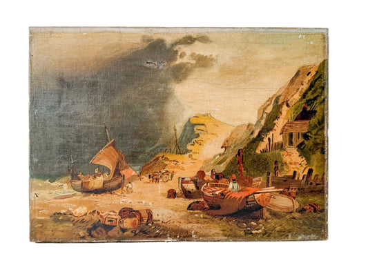 Vintage painting of a coastal scene with boats and cliffs on a textured white surface