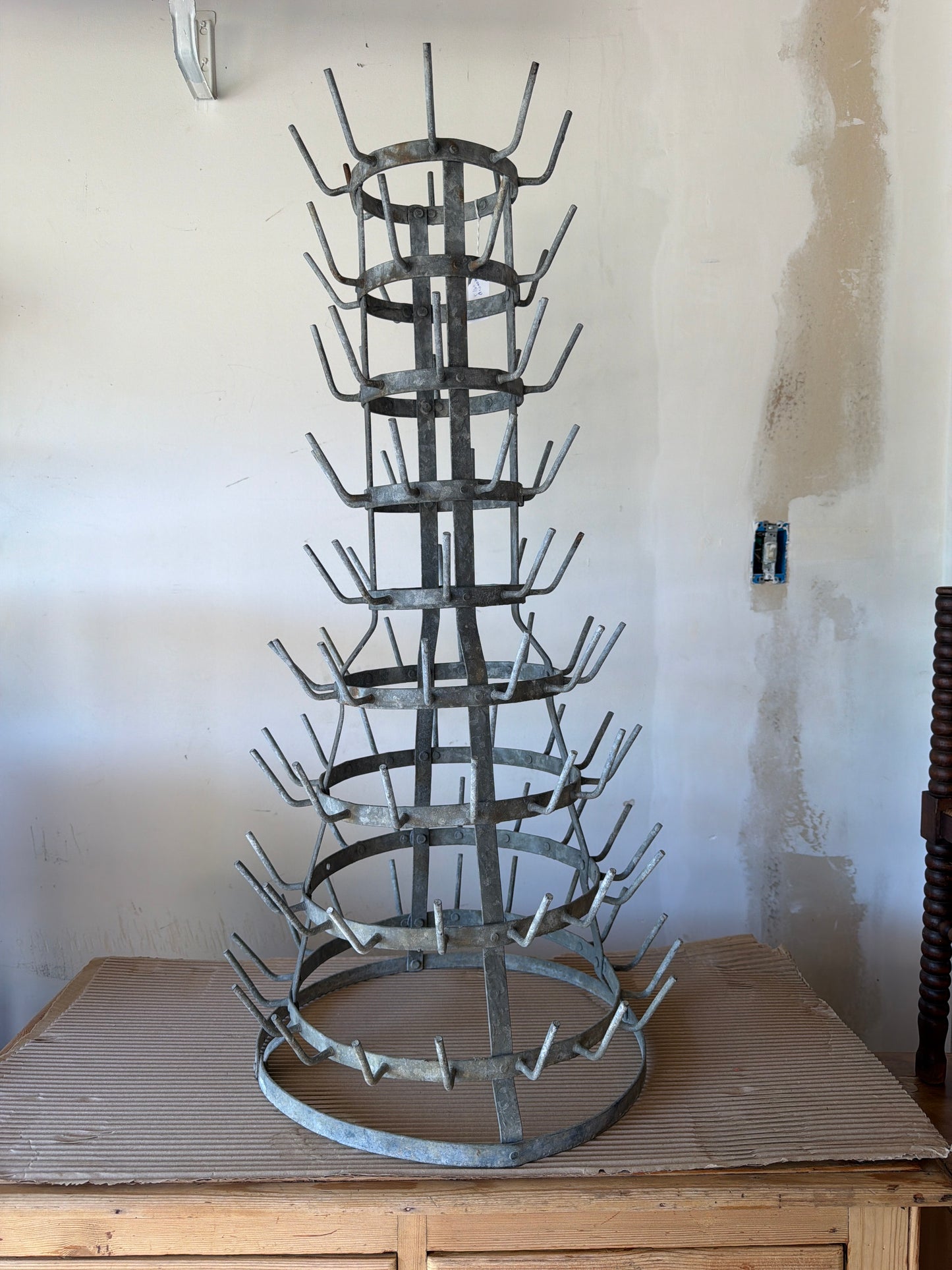 Antique French metal bottle drying rack