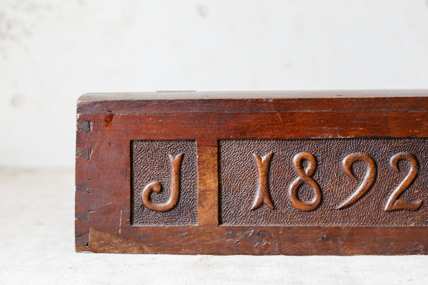 1892 Carved Wood Sloped Desk Box with "JM" Initials