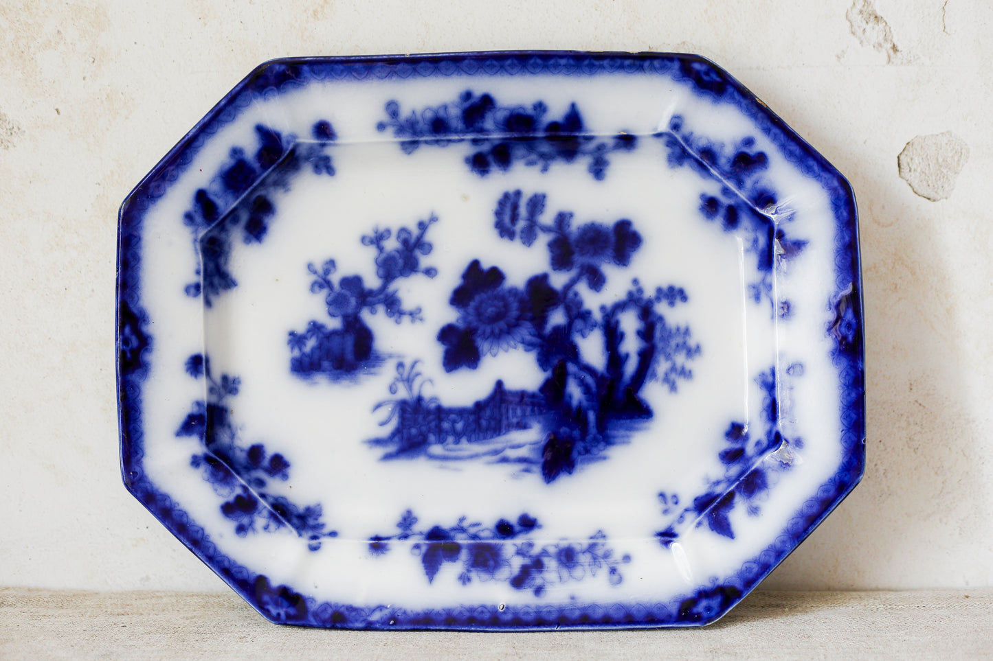 Antique Flow Blue Ironstone 15" Platter – "Indian" Pattern (c. 1850)