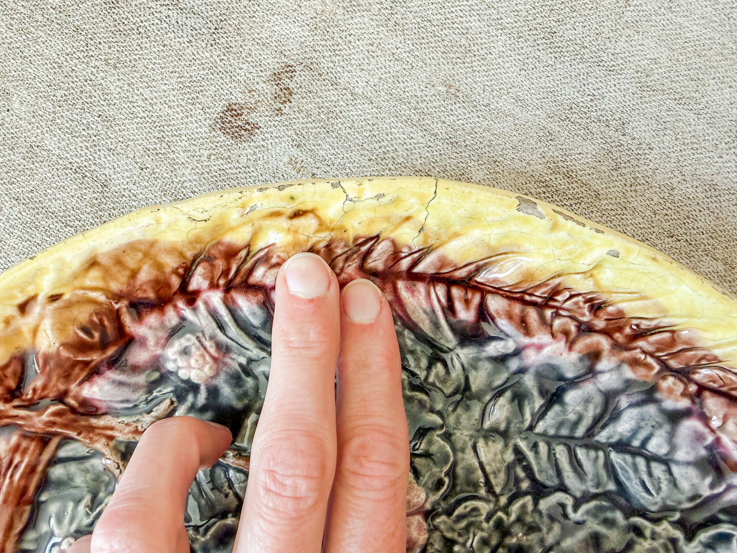 Antique Begonia Leaf and Pink Blossom Majolica Tray, c1880