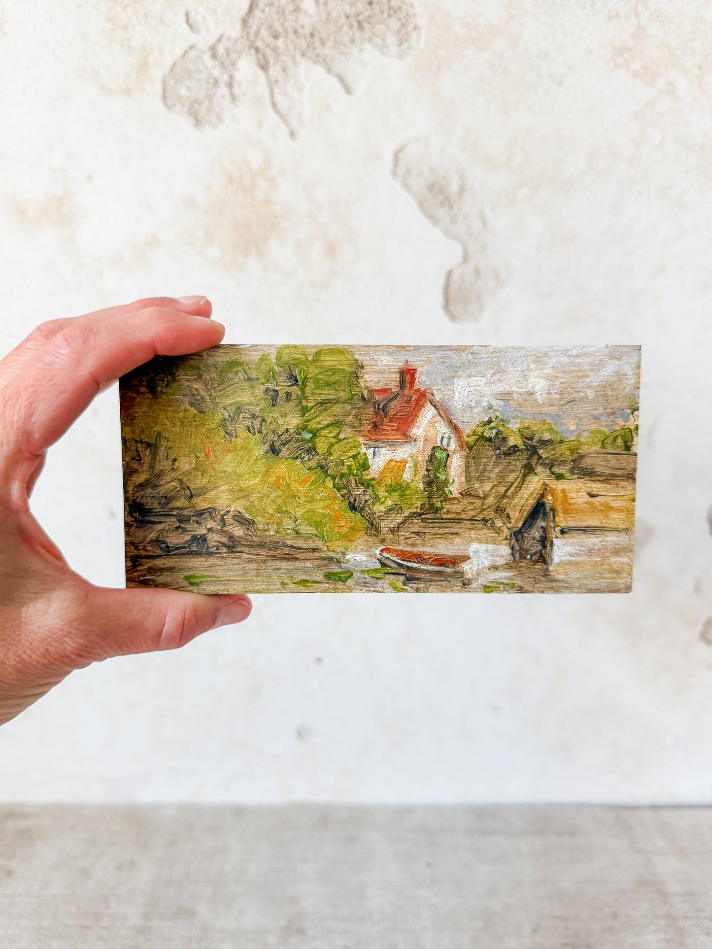 Miniature Painting on Pine of Docked Boat Near Cottage