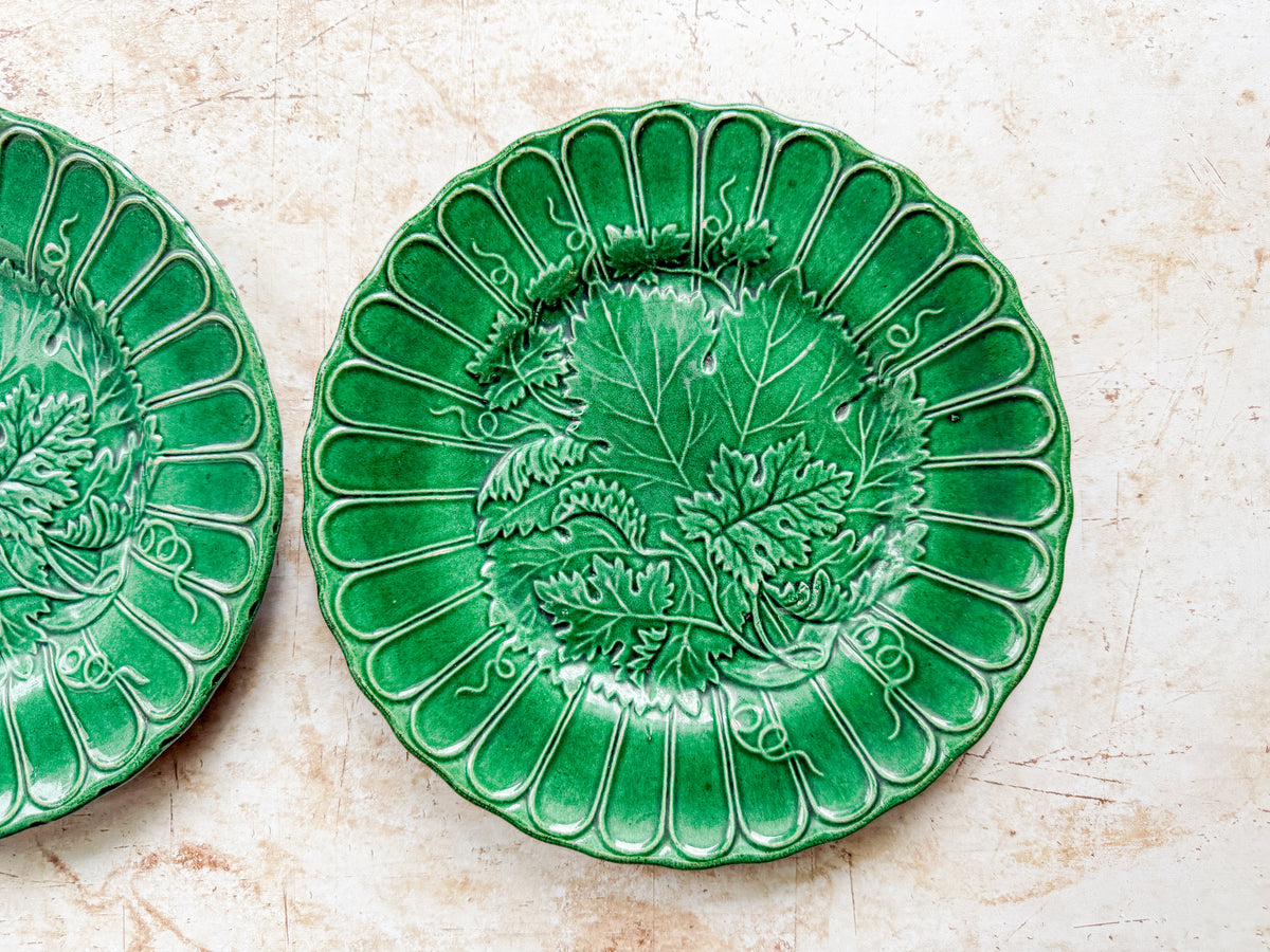 Pair of Antique Majolica Greenware Grapevine 8" Plates, c1900