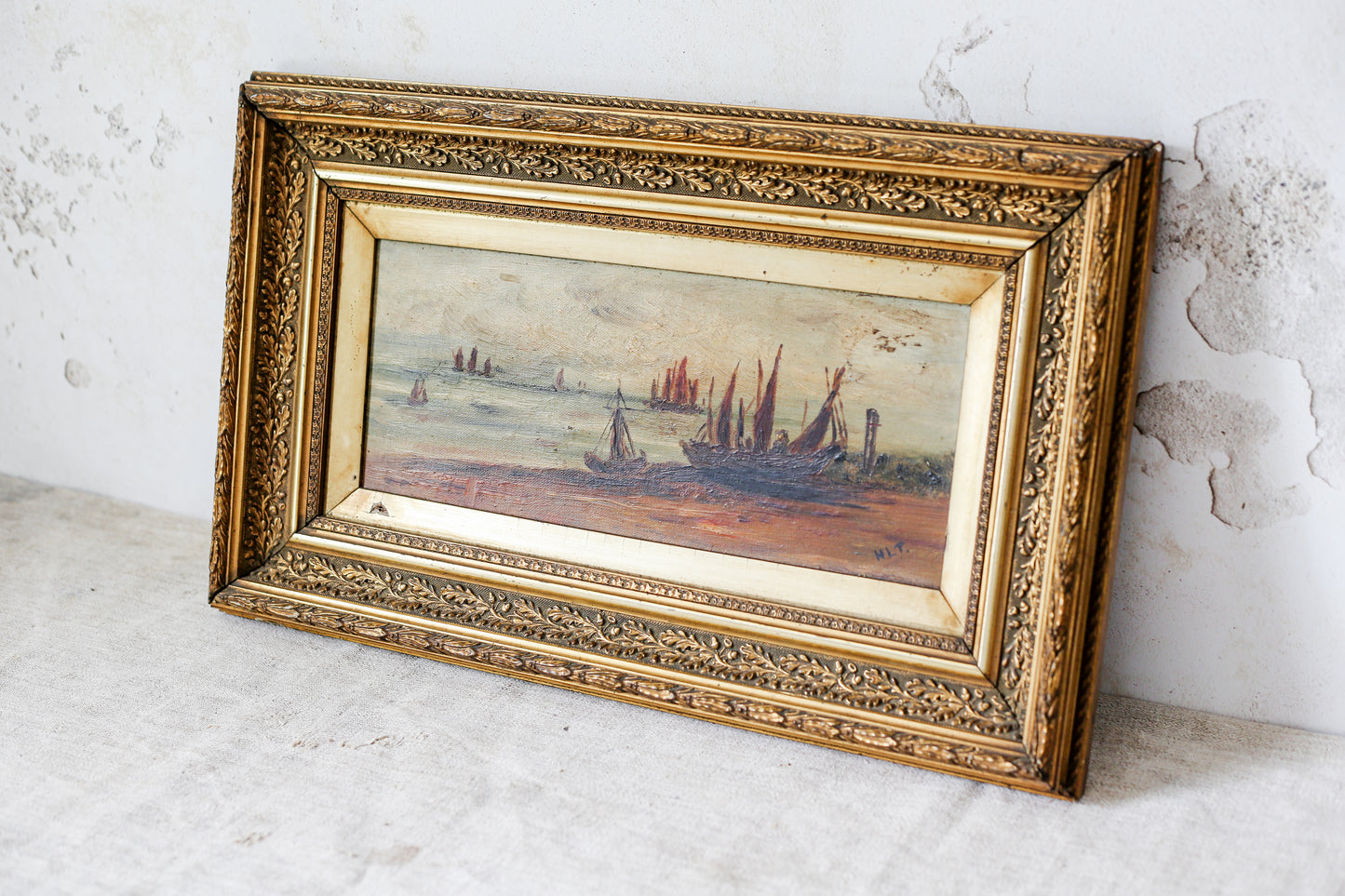 Antique British Coastal Scene Oil Painting in Gilt Wood Frame, c1900