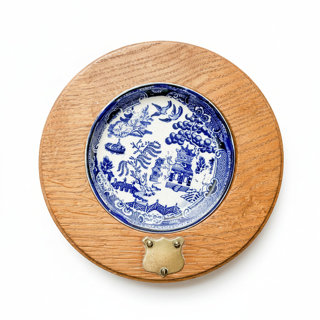 Blue and white ceramic plate with a wooden frame on a textured white background
