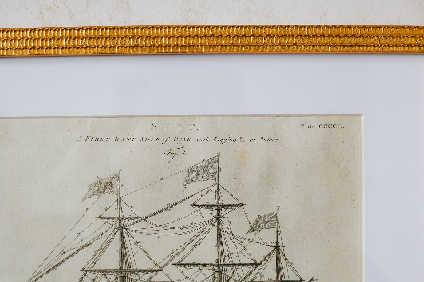 18th Century Copper Plate Engraving Ship of War | Contemporary Textured Gilt Frame