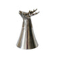 A polished silver-toned metal deer head stopper with antlers on a conical base, standing on a white marble surface.
