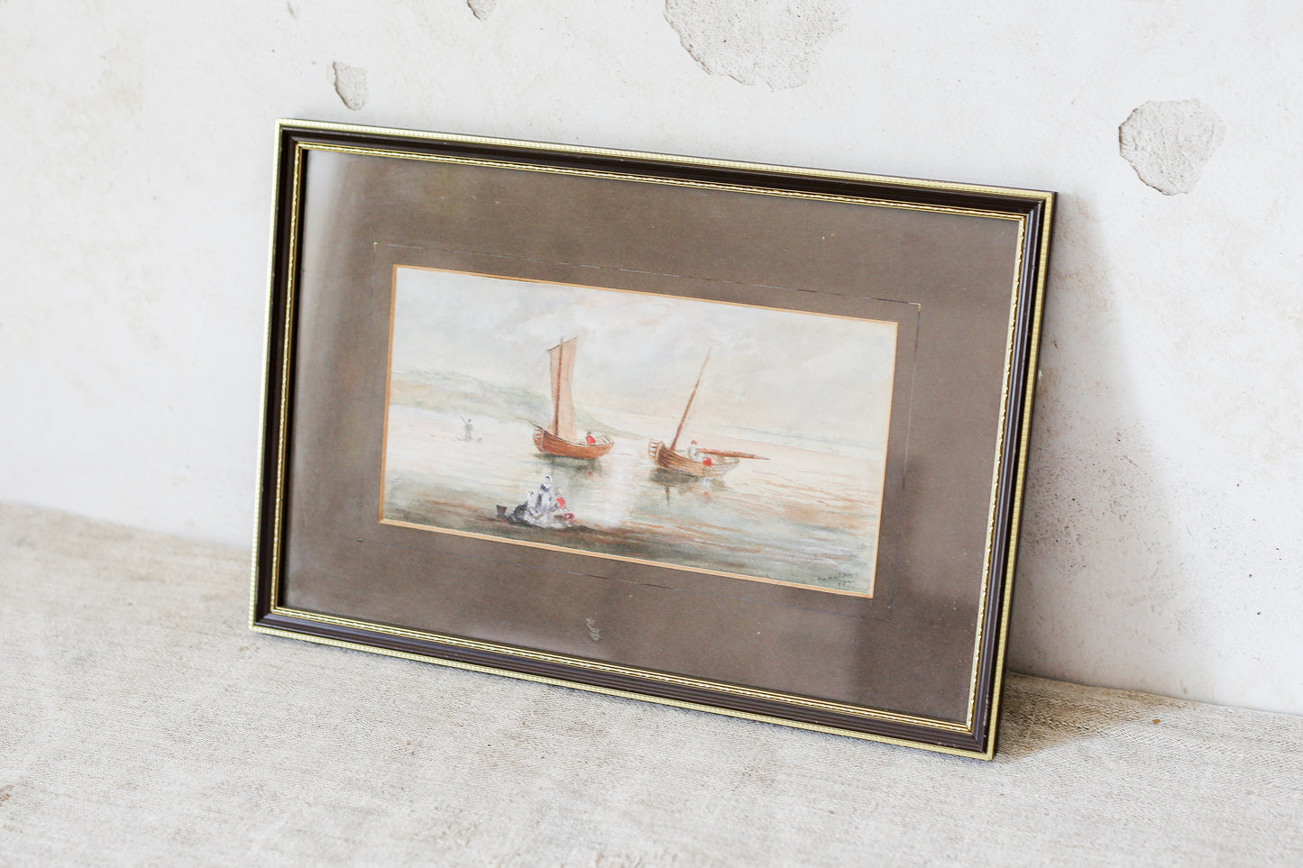 Antique 1877 Maritime Fishing Scene Watercolor Painting