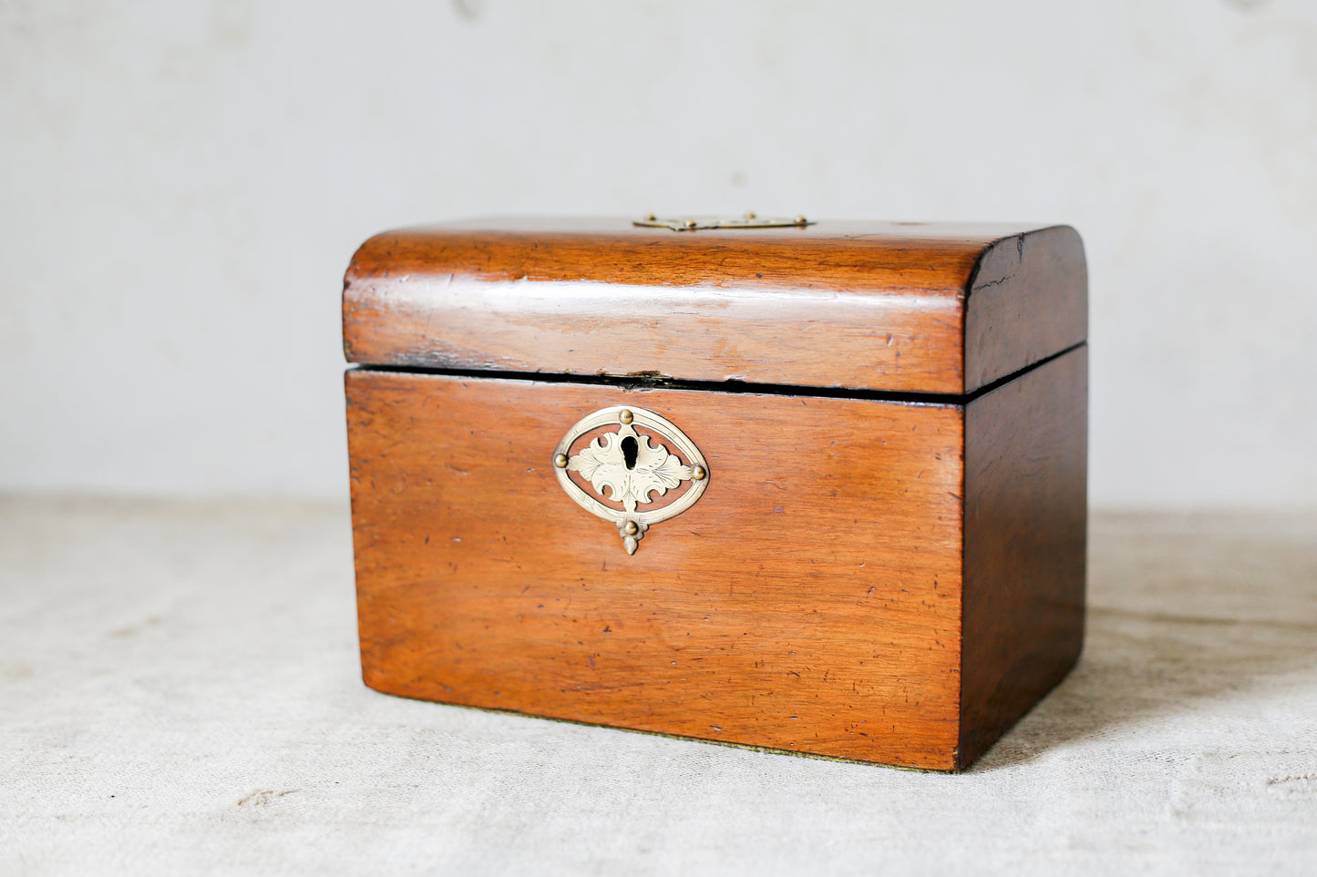 Antique Dome Top Walnut Tea Caddy with Brass Decoration, c1860