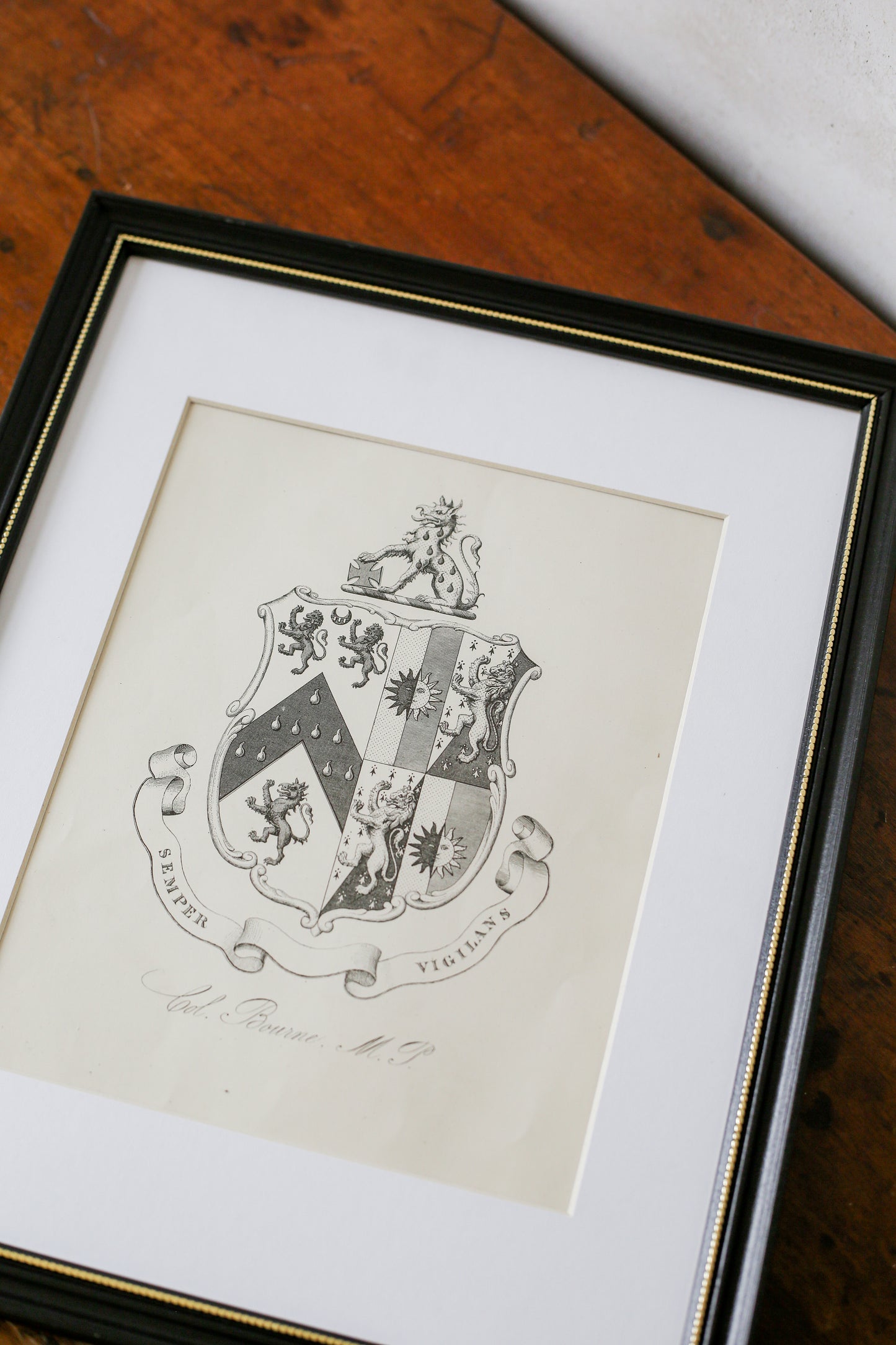 19th Century Coat of Arms of Bourne of Hackinsall | Contemporary Black and Gilt Frame
