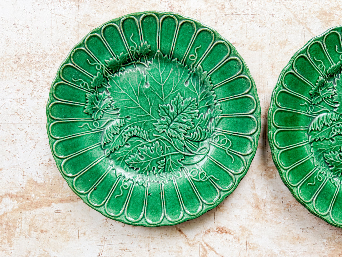 Pair of Antique Majolica Greenware Grapevine 8" Plates, c1900