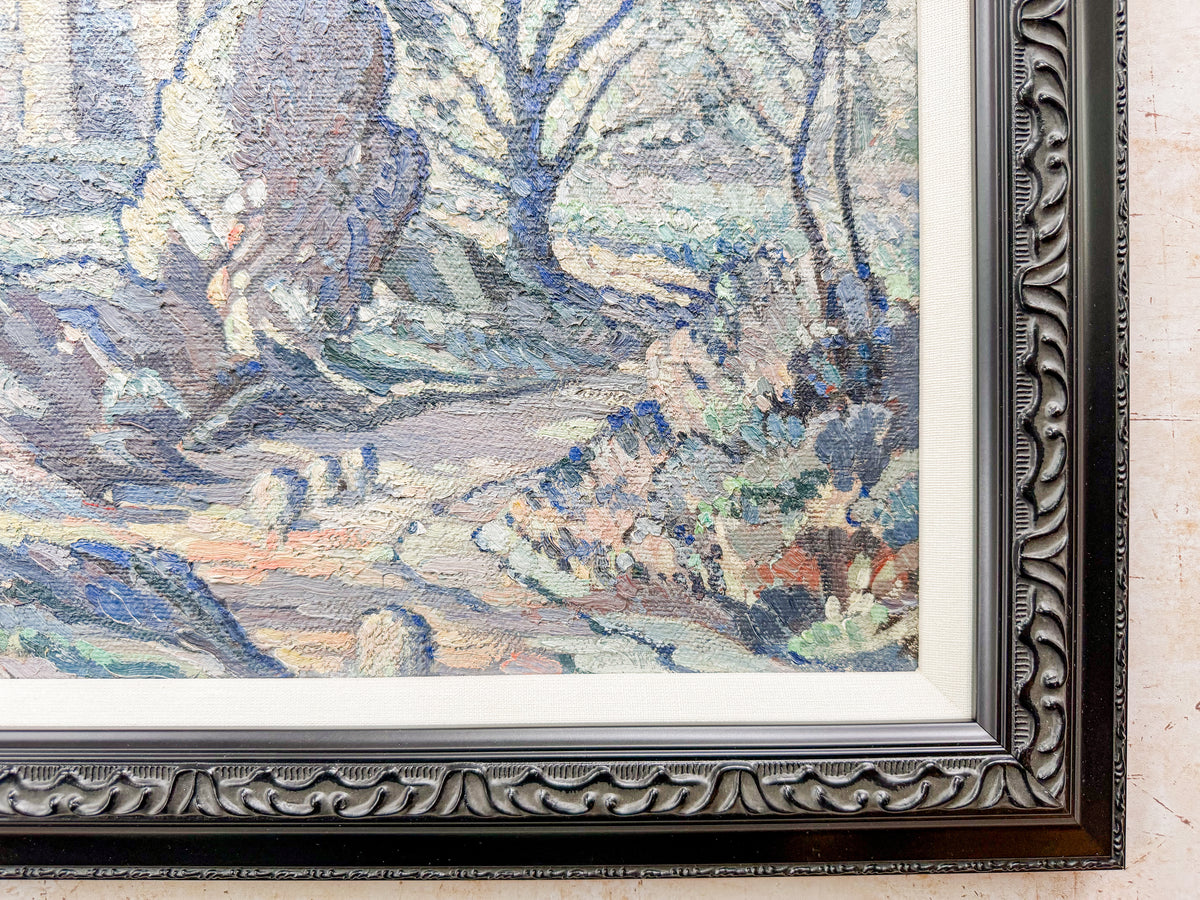 Early 20th-Century Post-Impressionist Landscape Oil Painting in Custom Black and Linen Frame