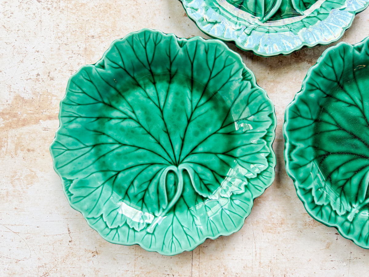 Vintage Wedgwood Cabbage Leaf Plates - Set of 3 Green Majolica Dessert Plates, c. 1940s-1950s