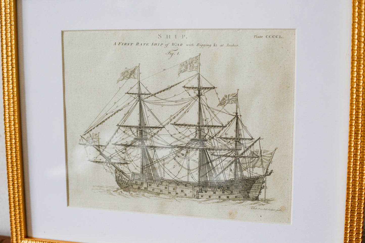 18th Century Copper Plate Engraving Ship of War | Contemporary Textured Gilt Frame