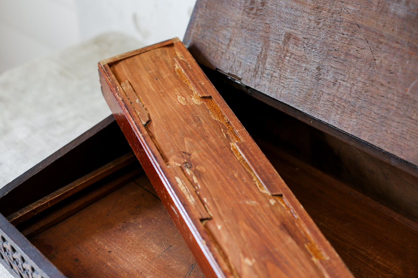 1892 Carved Wood Sloped Desk Box with "JM" Initials