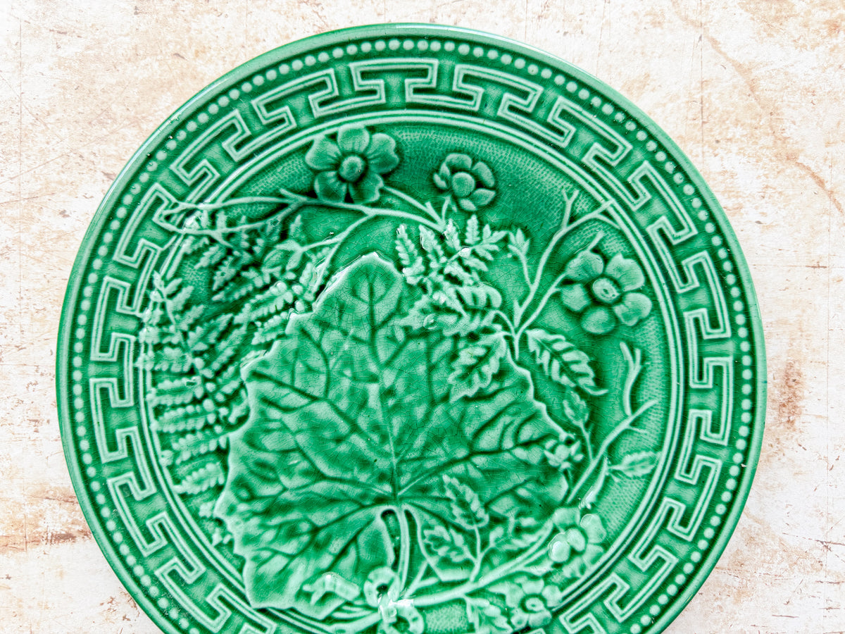 Antique Greek Key Border and Strawberry Greenware Majolica 9" Plate