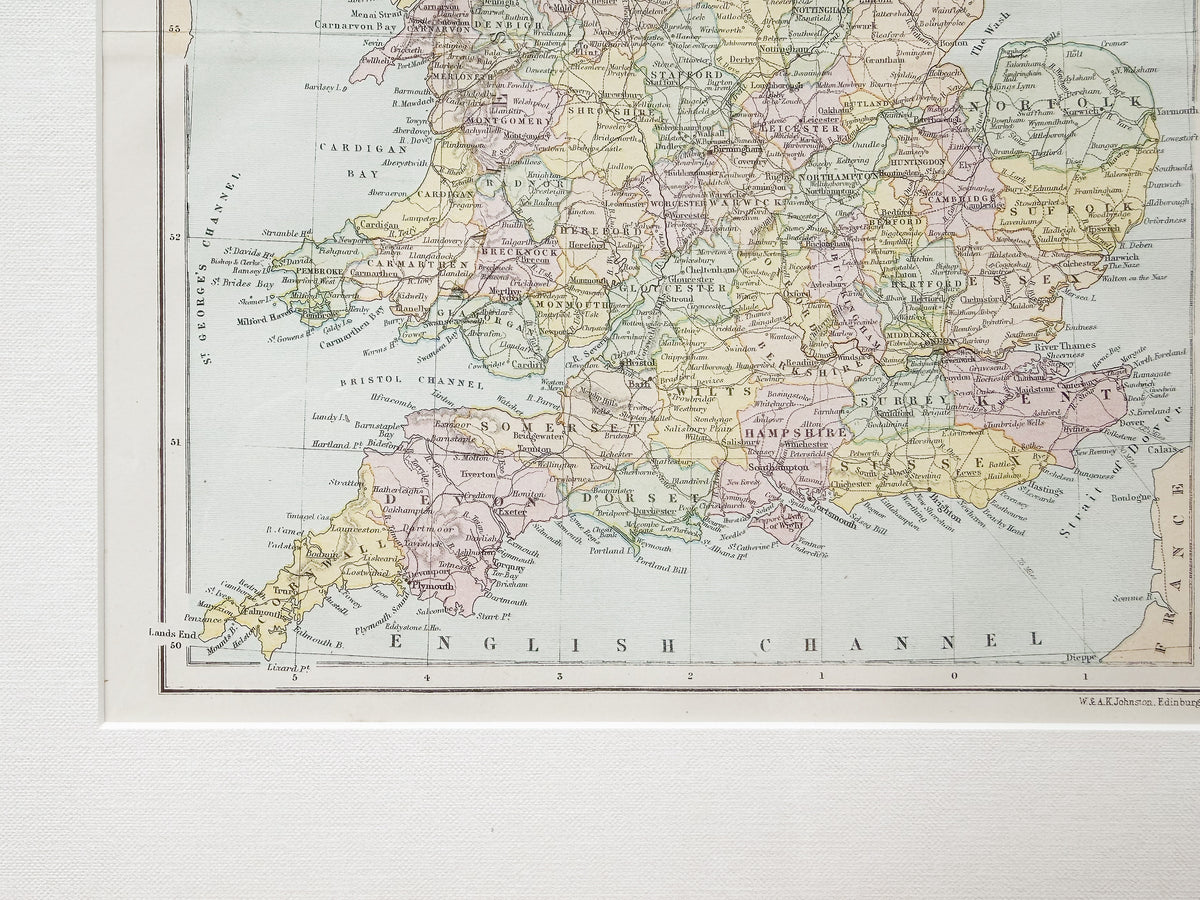 Antique 19th-Century Map of England & Wales by J. Bartholomew in Custom Black and Gold Frame