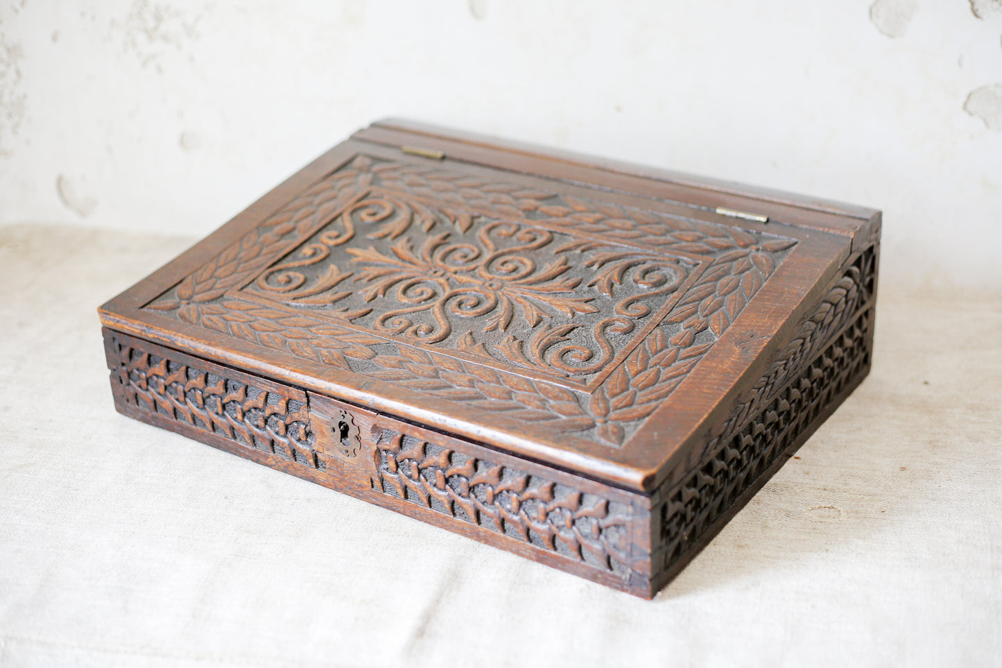 1892 Carved Wood Sloped Desk Box with "JM" Initials