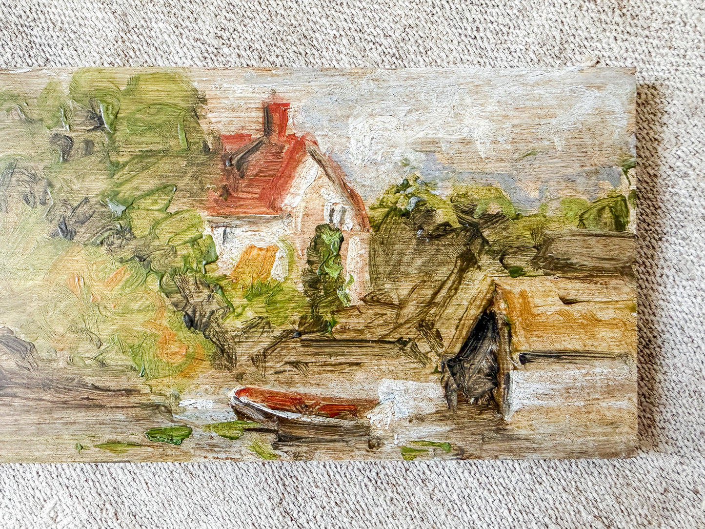 Miniature Painting on Pine of Docked Boat Near Cottage