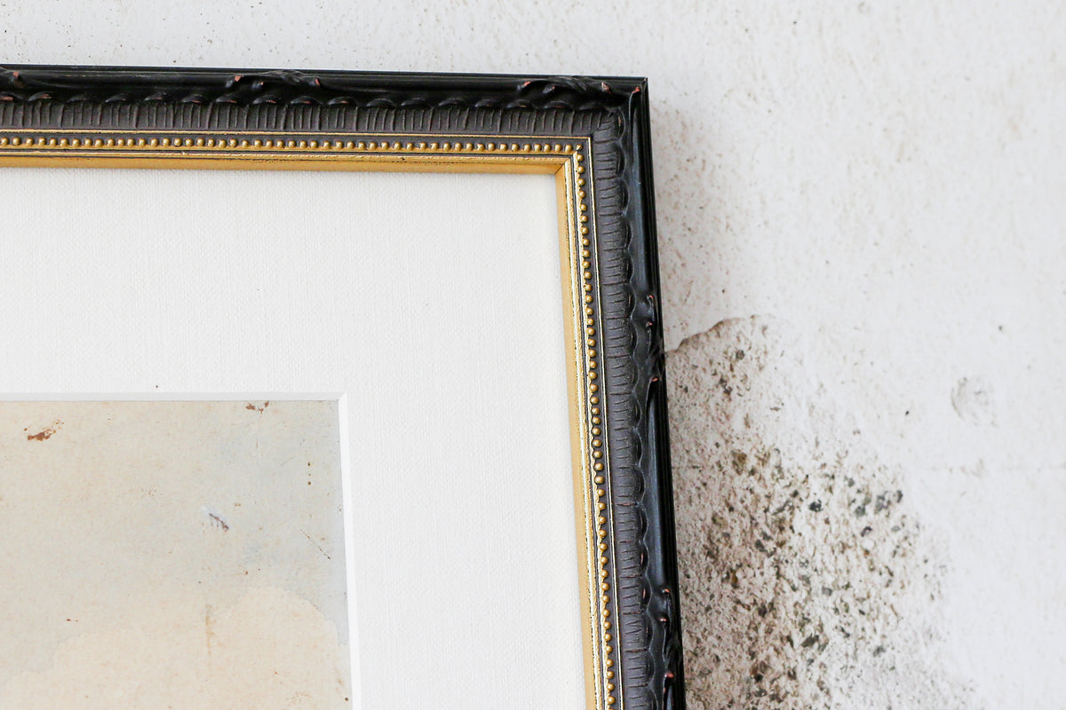 Antique Watercolor of Scottish Highlander and Mountains (c1880) in Custom Ornate Black and Gold Frame
