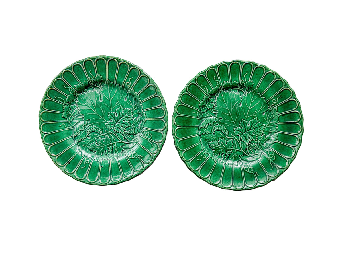Pair of Antique Majolica Greenware Grapevine 8" Plates, c1900