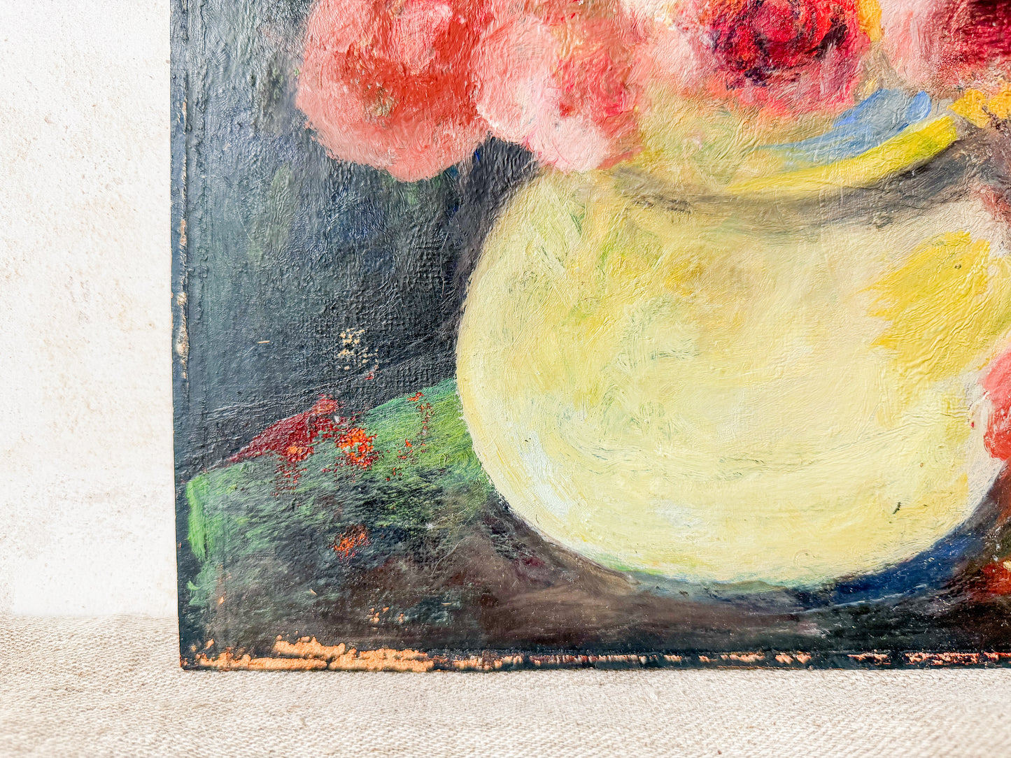 Unframed Impressionist Painting of Pink Flowers in Chartreuse Vase, Signed B. Maak