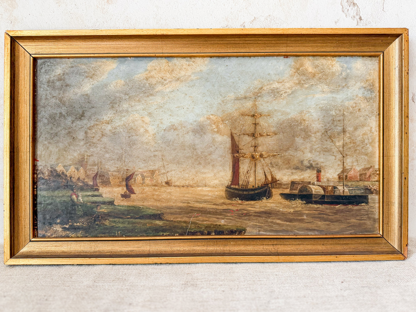Antique Oil Painting of British Maritime Scene in Gilt Wood Frame, c1880
